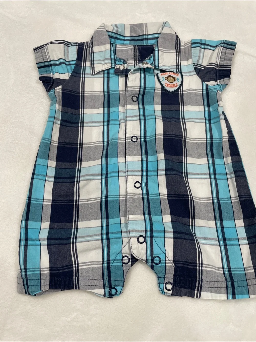 Carter's Plaid Short Sleeve One-Piece Romper in Blue, White, Gray